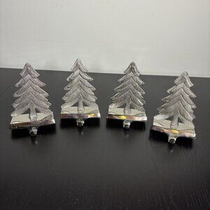 CRATE & BARREL Lot 4 Silver Tone Metal Christmas Tree Stocking Hangers/Holders